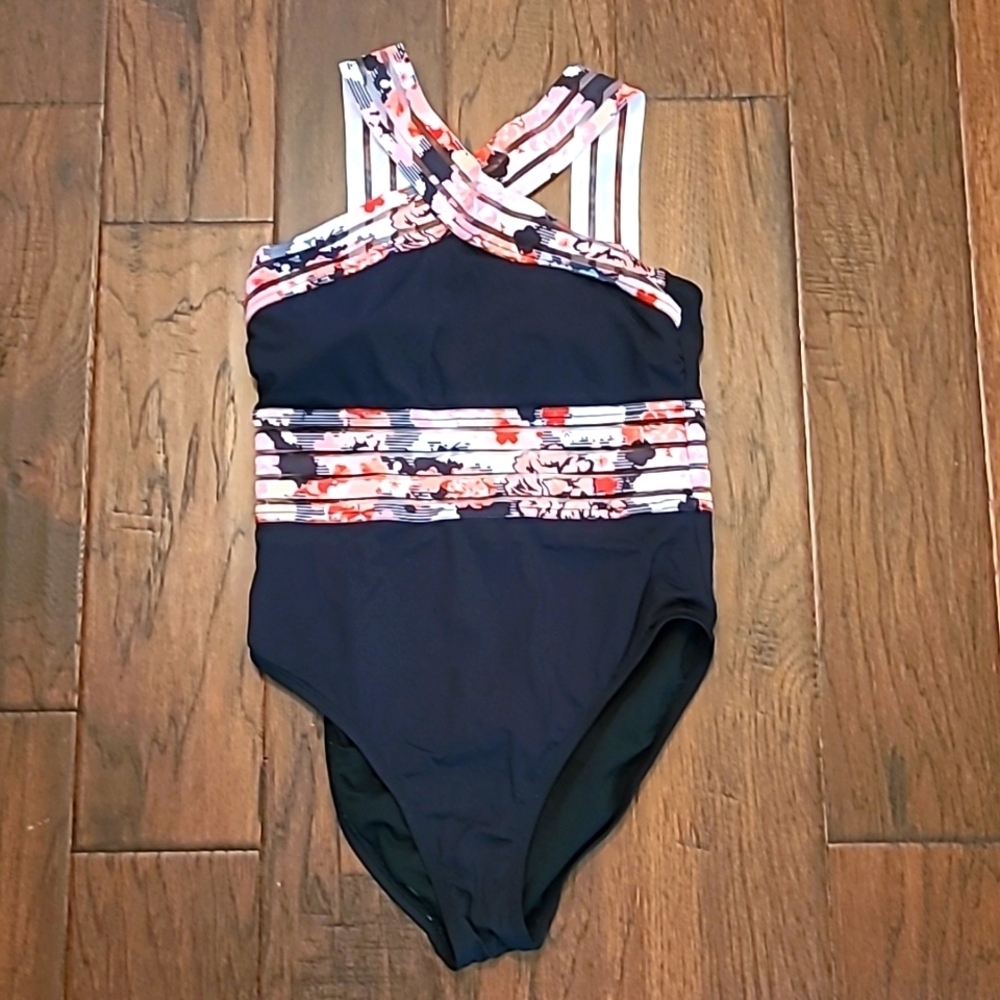 Kenneth Cole Black with Floral & Sheer Stripes Swimsuit size Small
